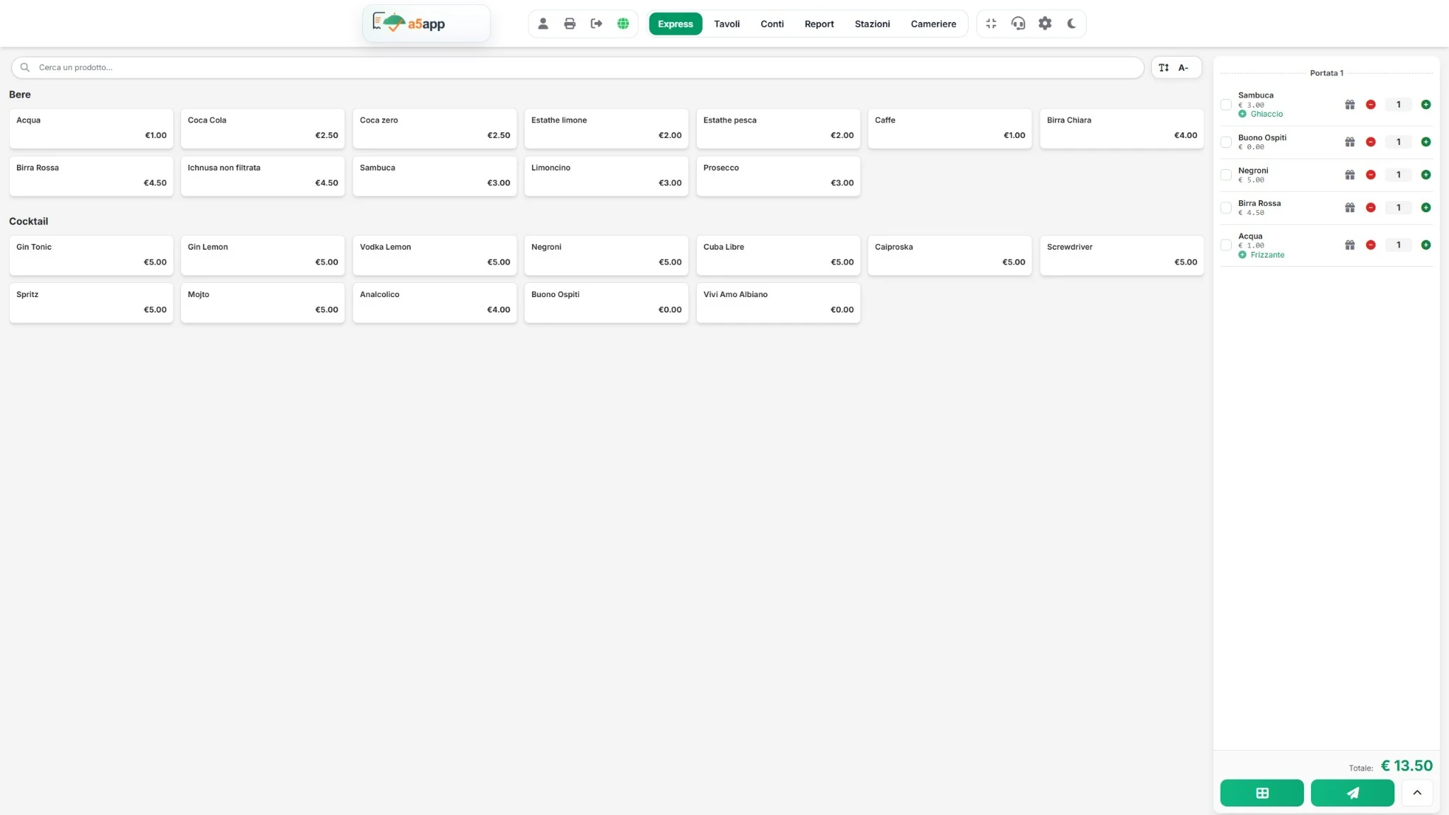 Interfaccia ampia A5App con prodotti e riepilogo ordine, utilizzabile su tablet e desktop