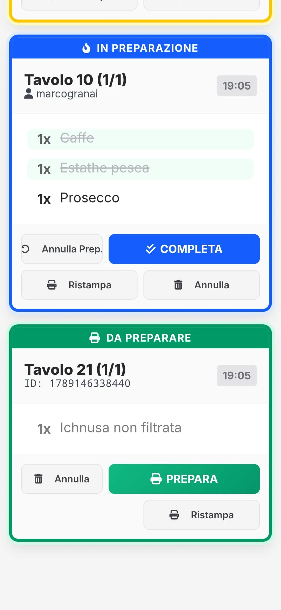 Comande con pulsanti prepara, completa e ristampa