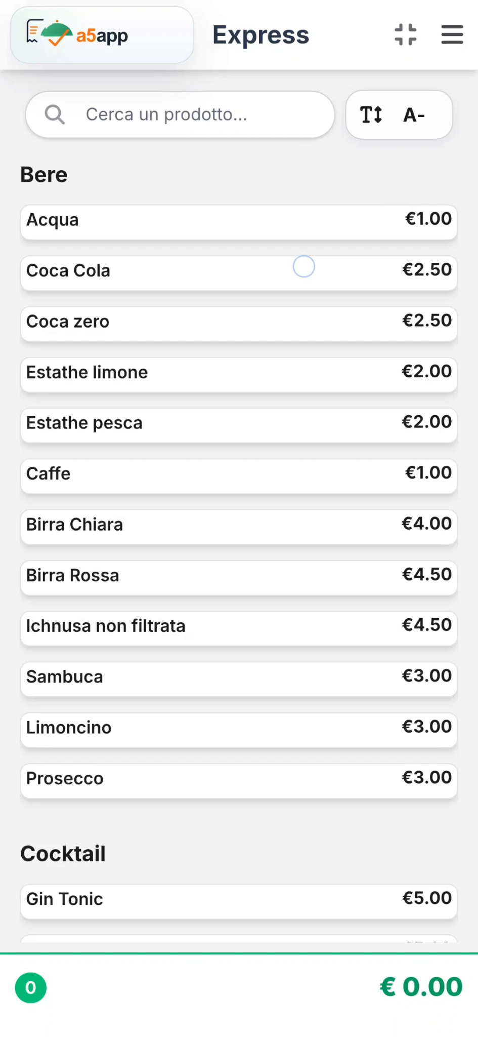 Schermata Express con catalogo prodotti e prezzi