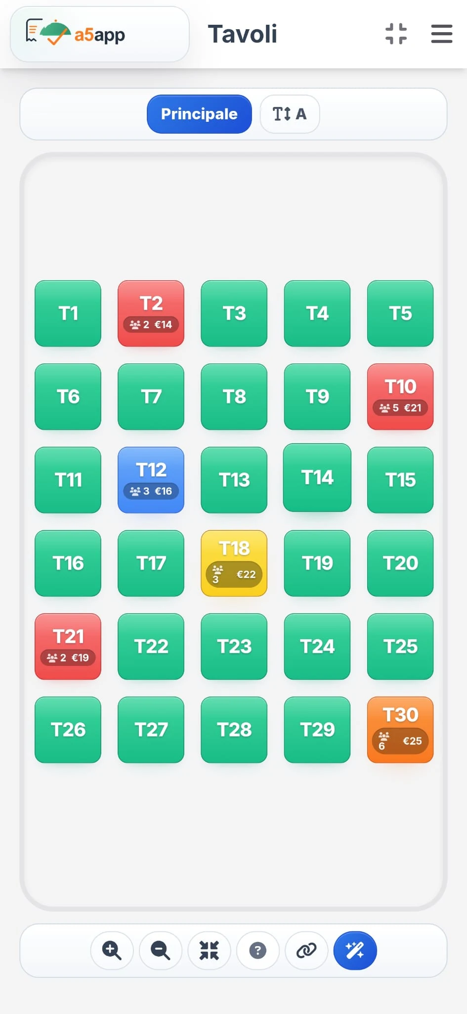 Schermata reale A5App con tavoli e relativi stati